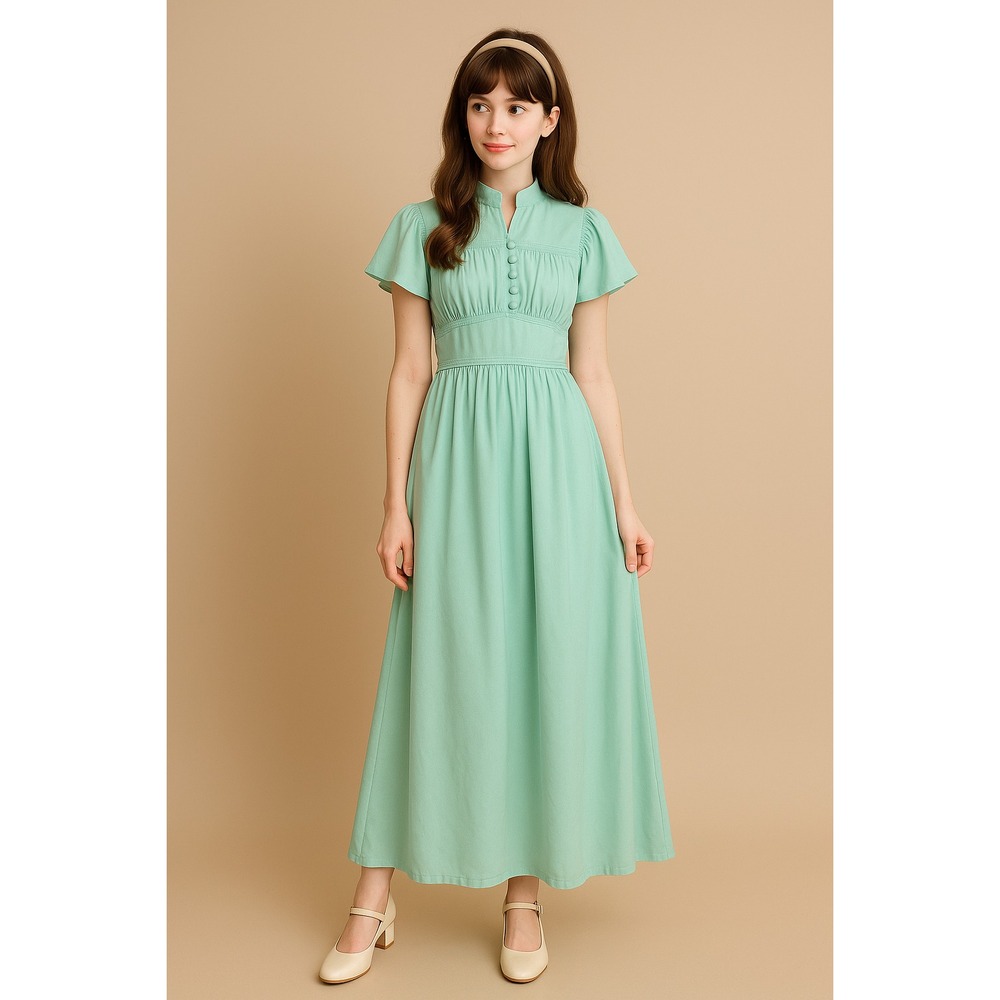 Vtg‎ Trolley Car Maxi Dress Womens Size 7 Mint Green  70s Flutter Sleeve Smocked